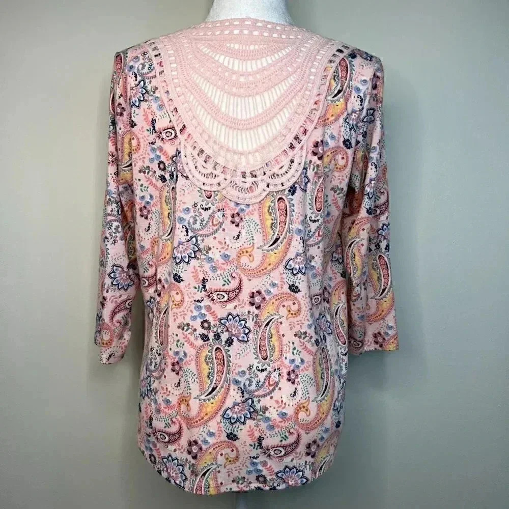 New Directions 3/4 Sleeve Pink Paisley Top With Crochet Back & Front Tie - Small